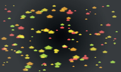 Colorful geometric shapes floating on a dark, abstract background, creating a festive and dynamic feel.