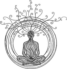 Grunge vector illustration depicting a person meditating with vines growing from the head, symbolizing cosmic connection.