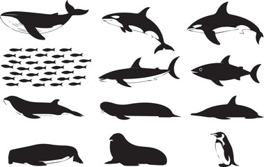 ocean reflected marine life icons school fish hammerhead vector