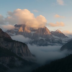 A peaceful mountain landscape wrapped in morning mist during sunrise, perfect for travel, nature, and environmental visuals.