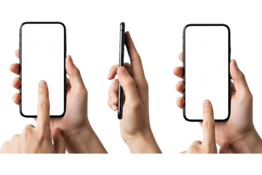Mobile Device Showcase Hand Holding Smartphone with Blank Screen Modern Tech Finger Touch App on transparent background