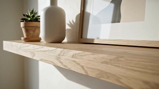 Minimalist interior shelf display featuring a vase, plant, and framed artwork in a sunlit room