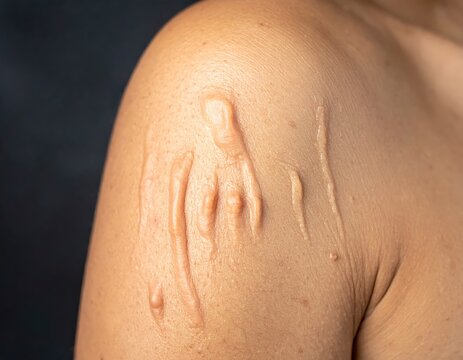 Close-up view of a human shoulder exhibiting a dermatographic skin reaction with visible raised