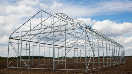 Partially constructed metal greenhouse frame on farmland under cloudy sky