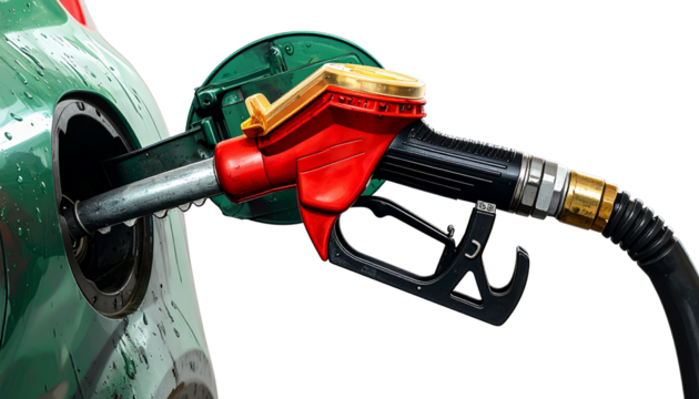 Close-up of a gas pump nozzle dispensing fuel, highlighting energy, transportation, and fuel station concepts, perfect for automotive, industry, or business visuals.