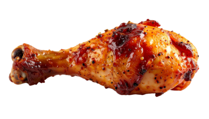Juicy chicken drumstick covered in rich, spicy sauce, perfectly cooked and appetizing, ideal for food photography, restaurant menus, or culinary content.