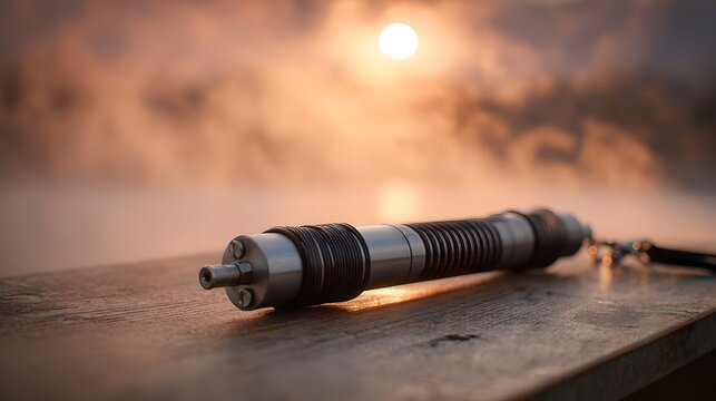 A metallic cylindrical object with a textured grip and lanyard rests on a weathered wooden surface bathed in the warm glow of a misty sunset