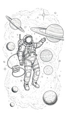 Fototapeta premium Astronaut Floating in Vast Outer Space Surrounded by Planets, Stars, and Cosmic Clouds, an Adventure Illustration