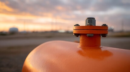Close up of an industrial orange pipe flange connection at sunset with blurred background