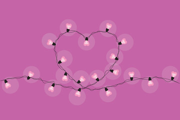 Heart-shaped light bulb garland with metal hearts. Pink festive background for Valentine's Day. Vector illustration.