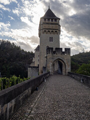 Close-up of a tower of the Valentrén bridge, in the medieval city of Cahors, over the Lot River. Lot Valley, Ocitanie Region, France.