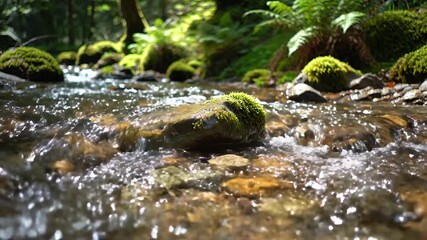 Enchanting Forest Stream A Serene Journey Through Mossy Rocks and Sparkling Water in a Lush Green Wilderness Perfect for Nature Documentaries and Relaxing Visuals.
