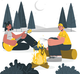 Fototapeta premium Couple roasting marshmallows by campfire under starry night sky stars moon