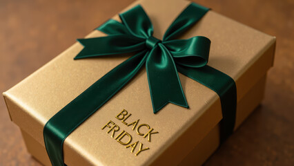 Luxurious gift box with green satin ribbon, featuring words Black Friday embossed on surface, symbolizes holiday shopping excitement