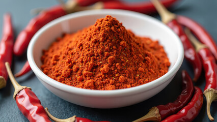 Spicy red chili powder in white bowl surrounded by whole red chilies creates vibrant and flavorful scene