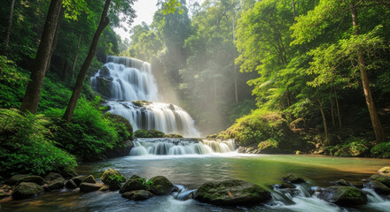 Majestic jungle waterfall flowing into serene pool bathed in light