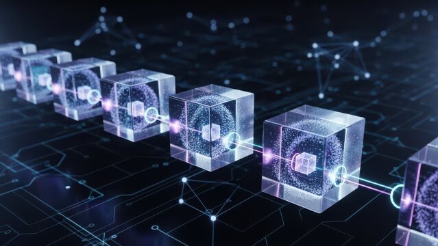Blockchain technology concept with interconnected blocks digital network for secure data transfer and cryptocurrency transactions