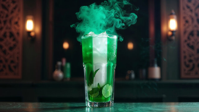 Nigeria Flag Cocktail with Mint Lime and Green Smoke in a Dark Bar Setting