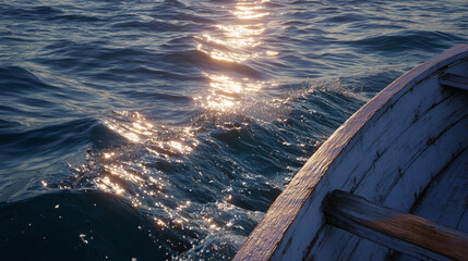A boat on a glistening sea, illuminated by the sun's reflection. A serene seascape, capturing the sun's golden light reflecting off the waves and the side of a boat.