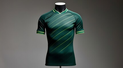 Soccer jersey on an invisible mannequin, deep forest green with a faint diagonal pattern of lighter green threads, slim athletic cut with a tailored fit, textured collar.