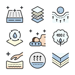 Mattress for sleeping color icons set. Memory foam symbols shows different types of mattresses with features like breathability, firmness, and pressure relief.