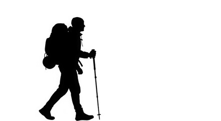 Silhouette of a hiker with backpack and trekking pole isolated on transparent background