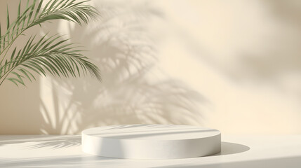 Obraz premium Stone podium, beige backgorund, palm shadows