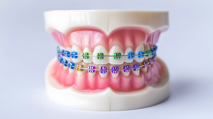 Model of teeth with colorful braces showing orthodontic alignment in a dental setting