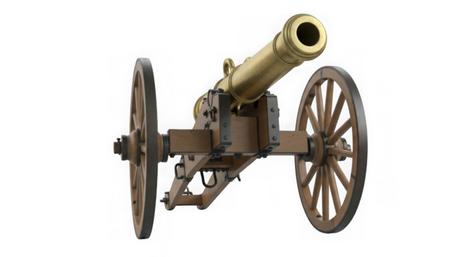 Antique brass cannon with wooden wheels isolated on transparent background