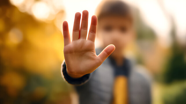Child saying stop in autumn park while reaching out hand to camera with blurred background of golden leaves