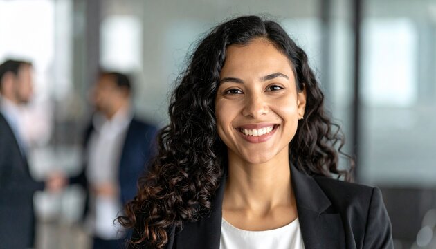 A confident young businesswoman smiling warmly in a professional office setting.