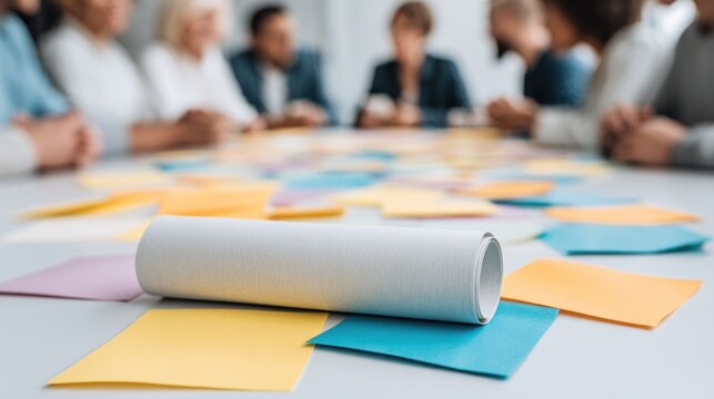 Professionals collaborate in a meeting with colorful sticky notes and documents on the table