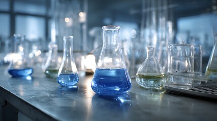Modernes Chemielabor mit Laborflaschen und blauen Lösungen
