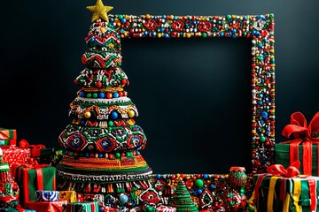 Colorful African inspired Christmas tree decorated with handmade ornaments and gifts, showcasing rich cultural artistry