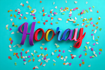 Colorful celebration with confetti and the word hooray on a bright background