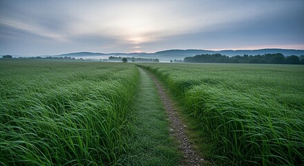 Obraz premium Path through verdant fields: A tranquil journey under misty skies toward the horizon