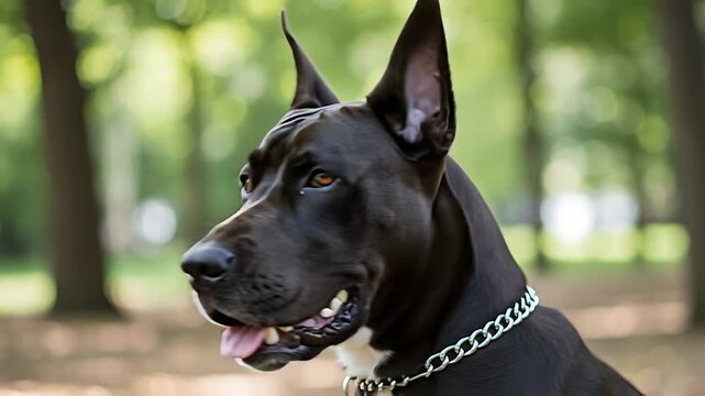 Elegant Great Dane portrait in a park setting, showcasing breed, charm and dog beauty
