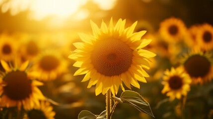 Fototapeta premium Sunflowers Blooming in a Vibrant Field During Sunset in a Rural Landscape