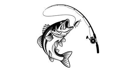 Leaping bass fish attempting to catch a lure from a fishing rod