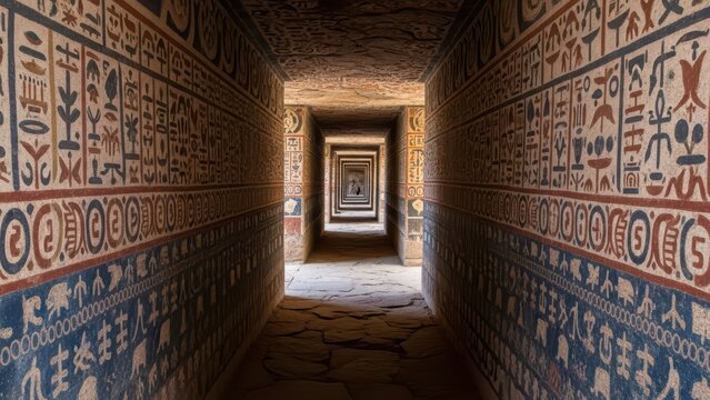 Ancient egyptian temple corridor with hieroglyphic walls and perspective view - Powered by Adobe