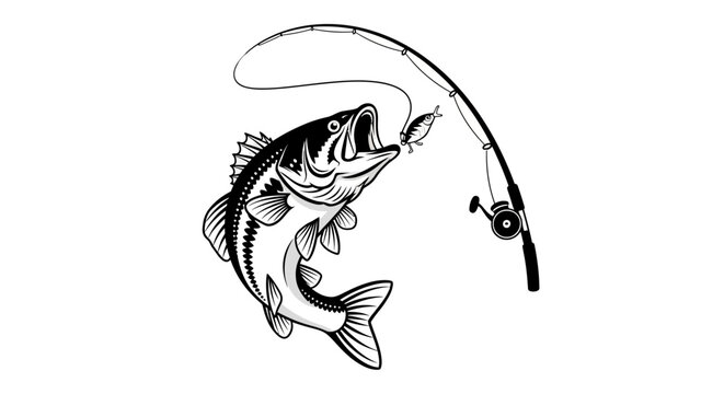Leaping bass fish attempting to catch a lure from a fishing rod