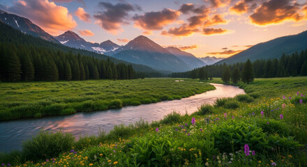 Golden hour over a winding mountain river valley with wildflowers