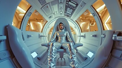 A woman in a space suit sitting in a spaceship - Powered by Adobe