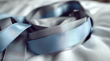 Soft blue and gray satin ribbons sit on a gentle fabric, ready for use in creative crafting projects