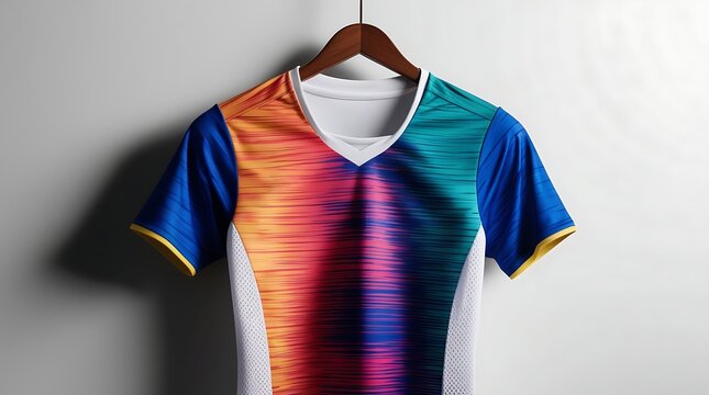 Soccer jersey hanging on a wooden hanger, clean white background, sleek slim-fit design, breathable mesh side panels, vibrant gradient color pattern, realistic fabric texture.
