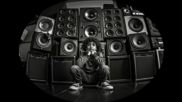 A young boy sitting in front of a bunch of speakers