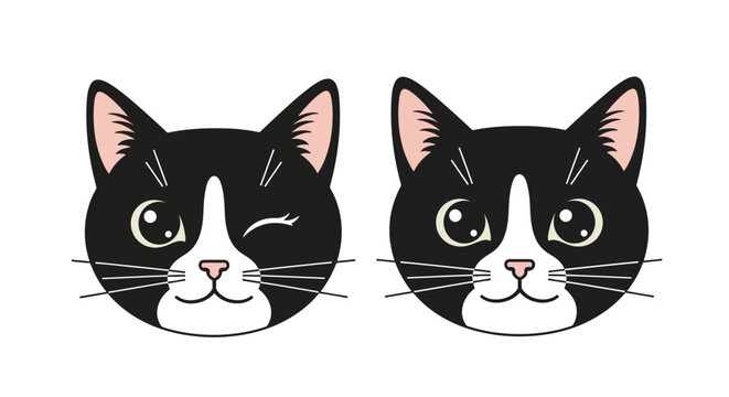 Cute cartoon tuxedo cat faces with different expressions vector