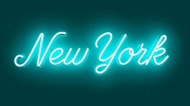 Bright turquoise neon sign spelling out new york against a dark background
