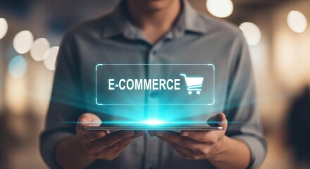 Person holding tablet displaying glowing e-commerce icon, surrounded by blurred lights, representing online shopping experience and modern retail technology in a digital environment