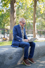 Obraz premium Senior businessman working on laptop outdoors in park